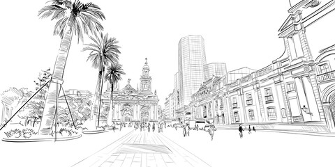 Santiago. Chile. South America. Urban sketch. Hand drawn vector illustration