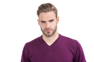 Fototapeta premium Take control of your face. Unshaven man isolated on white. Mens skin care. Male skin cosmetics