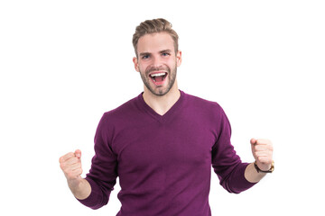 Fototapeta premium Celebrating success. Happy man make winner gesture isolated on white. Success concept. Win victory