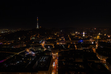 Aerial view on Lviv, Ukraine at night from drone