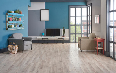 Modern television room, blue background, bookshelf on the wall, furniture green and grey sofa, carpet and middle table decoration, interior style.