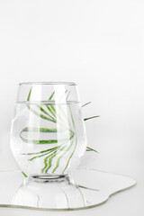 palm leaf distorted through water in glass with mirror on white background. pure water , relax , surreal ,eco-friendly home concept. copy space. 