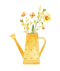 Yellow watering can with spring flowers - daffodils, pussy-willow and forsythia. Rustic watercolor illustration for Easter cards, posters, banners.