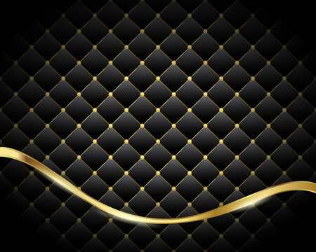 Vector Abstract black diamond shape upholstery luxury background with buttons & golden border with golden ribbon