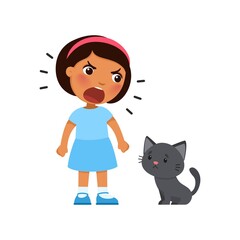 Little girl yells at a sad kitten. Psychology - concept of aggressive treatment of pets. Dark skin child and black cat. Vector illustration. Isolated on white background.