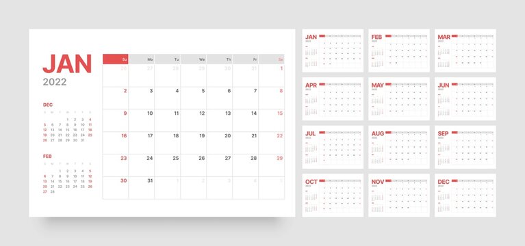 Monthly calendar template for 2022 year. Week Starts on Sunday. Wall calendar in a minimalist style.