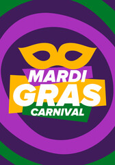 Fototapeta na wymiar Mardi Gras Carnival in New Orleans. Fat Tuesday. Traditional holiday, celebration annual. Folk festival, costume masquerade, fun party. Carnival mask. Poster, card, banner and background. Vector