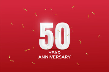 50 year anniversary banner. vector illustration with balloon number, sparkling confetti on red background.