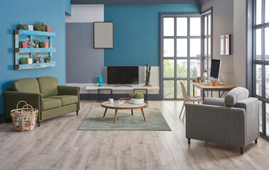 Modern television room, blue background, bookshelf on the wall, furniture green and grey sofa, carpet and middle table decoration, interior style.