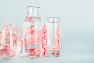 pink flowers distorted through water in glasses and bottle on blue background. Home decor, eco friendly, relax, gardening concept. copy space
