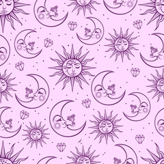 A vintage seamless pattern that consists of pictures of the sun, the moon and stars. Can be used for fabric design, paper design, background. Vector Isolated.