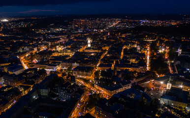 Aerial view on Lviv, Ukraine at night from drone