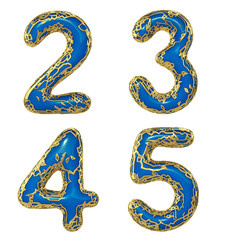 Obraz premium Number set 2, 3, 4, 5 made of realistic 3d render golden shining metallic. Collection of gold shining metallic with blue color plastic symbol