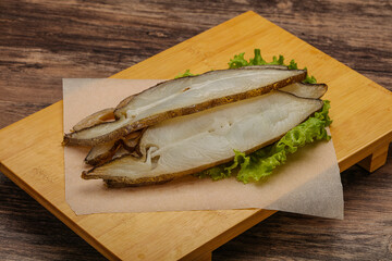 Delicous smoked halibut slices snack