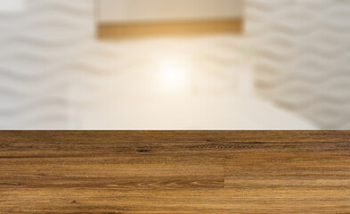 Background with empty wooden table. Flooring. Freestanding bath with towels in grey modern bathroom. 3D render