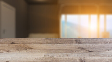 Background with empty wooden table. Flooring. Modern office building interior. 3D rendering.. Sunset.