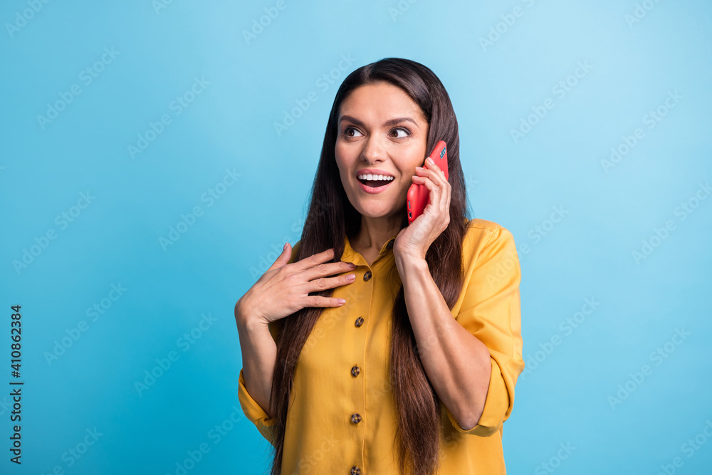 Sticker photo of attractive impressed person hand on chest open mouth unexpected information isolated on blu