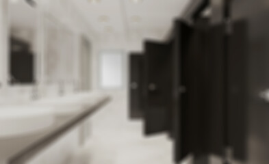 Bokeh blurred phototography.  Contemporary interior of public toilet. 3D rendering.. Blank pai