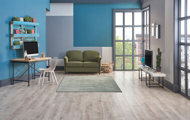 Modern television room, blue background, bookshelf on the wall, furniture green and grey sofa, carpet and middle table decoration, interior style.