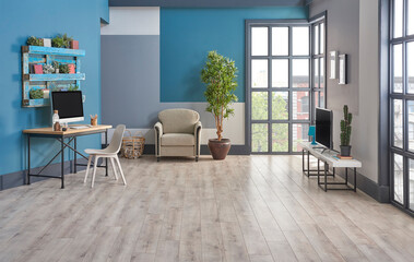 Modern television room, blue background, bookshelf on the wall, furniture green and grey sofa, carpet and middle table decoration, interior style.