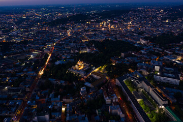 Fototapeta na wymiar Aerial view on St. George's Cathedral in Lviv, Ukraine from drone at night