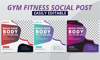 Creative fitness gym social media post editable vector templates for workout studio & club promo kit design. Premium geometric bodybuilding, sports & yoga social media post square layouts banner.