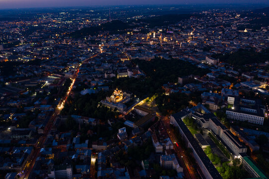 Aerial view on St. George's Cathedral in Lviv, Ukraine from drone at night © Ruslan