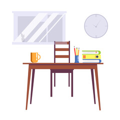 
The workplace is a chair, a desk with a cup, organizer and books against the background of a window. Vector illustration in flat style