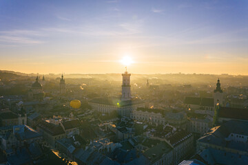 Fototapeta na wymiar Aerial view on City Hall and Latin Cathedral in Lviv, Ukraine from drone