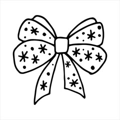 Bow with snowflakes. Christmas decoration. Festive mood element. Drawn by contour on a white background. Doodle style. Vector.