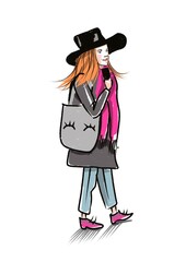 hand drawn illustration of young stylish pretty woman in black hat standing isolated on white