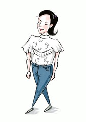 hand drawn illustration of young pretty woman in white blouse and blue jeans walking isolated on white