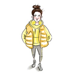 hand drawn illustration of young woman in yellow jacket standing isolated on white