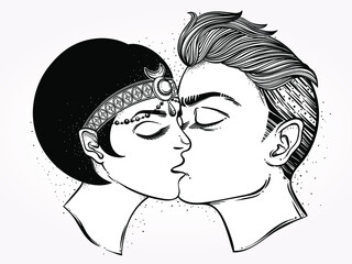 Hand drawn beautiful artwork of young couple kissing. Valentine's day concept. Boho, tattoo art, poster design, T-shirt print, coloring book, romantic love, character design. Vector Isolated.