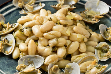 Fabes with clams black background, Asturias, Spain