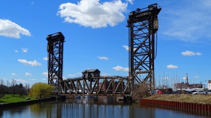 North America, United States, Illinois, city of Chicago, metal bridge over the south branch Chicago River 