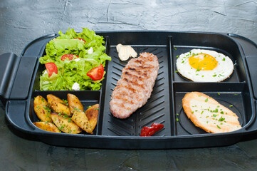 Breakfast, cutlet or steak, tomato salad, fried potato, crouton and fried egg