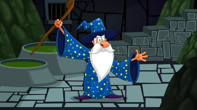 Wizard Cartoon Character With A Cane Casting A Spell. 4K Animation Video Motion Graphics With Dungeon Background