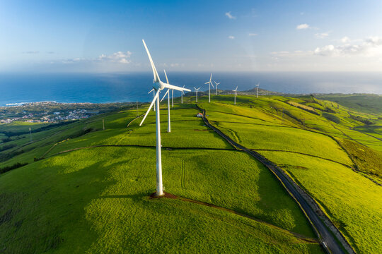 Aerial view of the wind turbine on the beautiful Terceira Island of Azores archipelagos, Portugal.