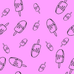 Pattern with ice cream drawn with contour lines doodle. Vector illustration in linear style for wrapping paper. Sweet cartoon illustration. Doodle texture dessert food.