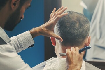 Barbershop salon hairdresser beard barber,  razor customer.