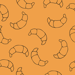 Croissant Pattern on brown background . Desserts. Vector illustration. Food. Wallpaper texture bakery. Bread. Doodle.