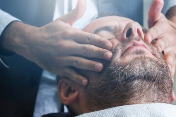 Naklejka premium Barbershop salon hairdresser beard barber, customer.