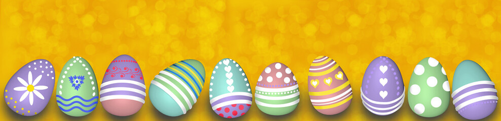 panorama of colored painted eggs 3d rendering model, background for design, postcards, concept of Easter, Christian traditions, holidays, Spring Festival, 3d illustration