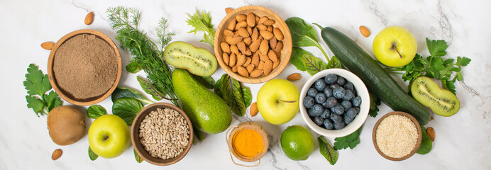 Healthy food selection with fruits, vegetables