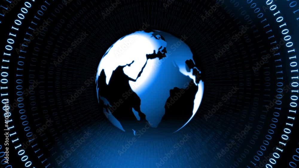 Poster abstract motion background with rotating earth globe in blue - pulsating rings of binary code arrang