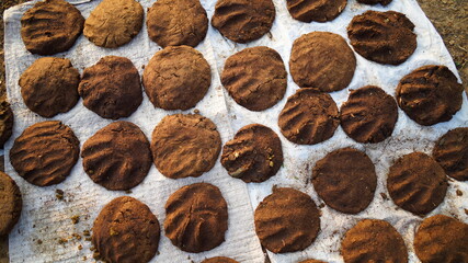 Attractive art of Cow dung cakes for sacred festivals. Organic cow dung uses as kitchen fuel with zero carbon emission.
