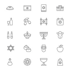 Judaism icons set, outline, glyph. filled vector symbol collection. Signs, logo illustration. Set includes icons as jewish holiday hanukkah, david star, food and drinks