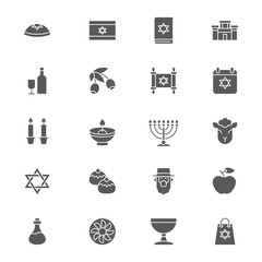 Judaism icons set, outline, glyph. filled vector symbol collection. Signs, logo illustration. Set includes icons as jewish holiday hanukkah, david star, food and drinks