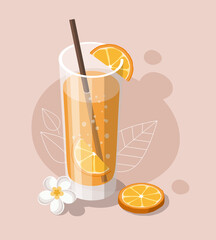 Glass of orange juice with sliced orange and tropical flower